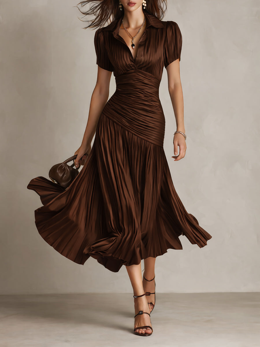 Adriana - Retro Prugasta Saten Midi Haljina