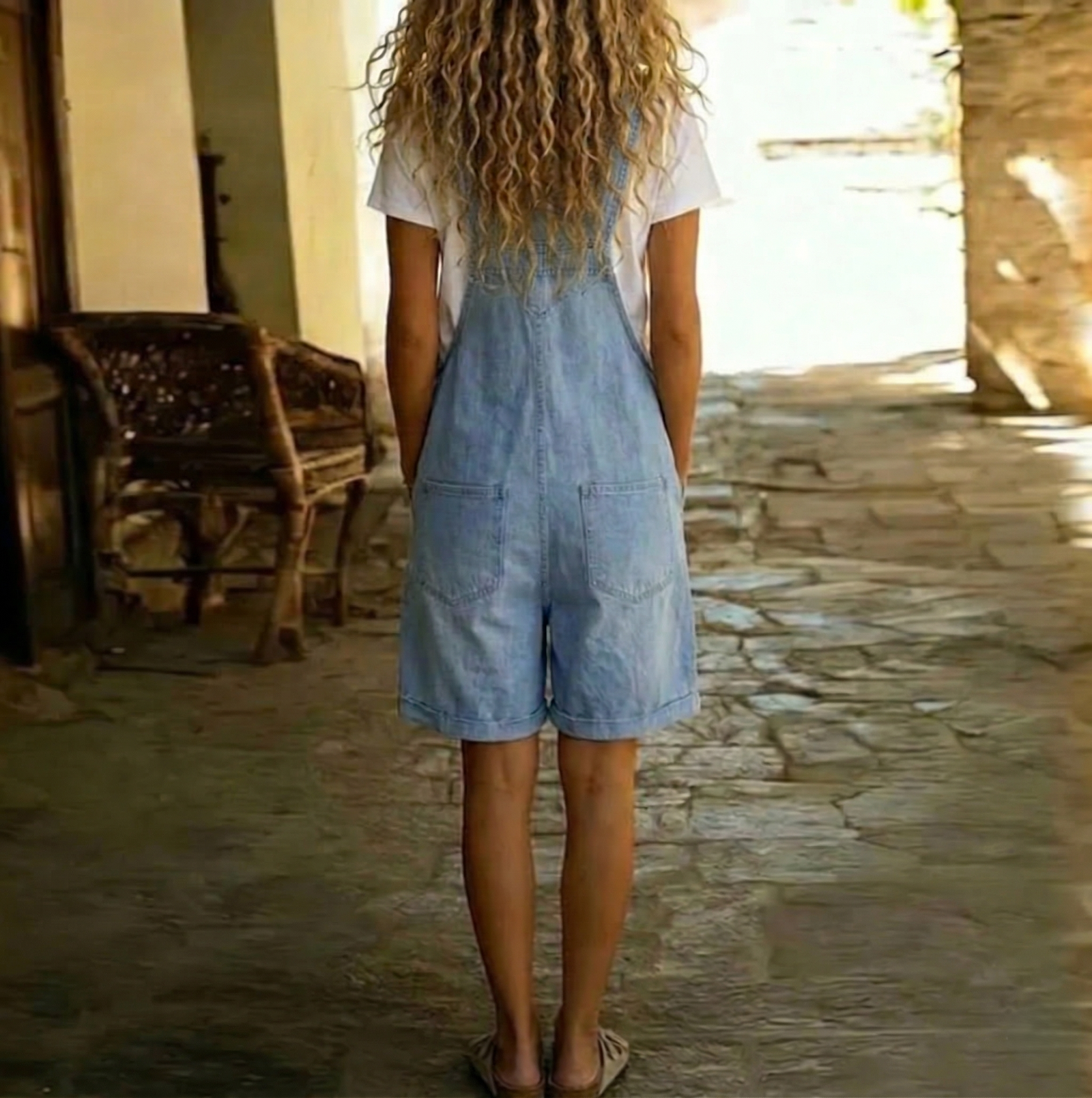 Clara | Vintage oprana mekana pamukasta denim kratka kombinezon svijetloplava