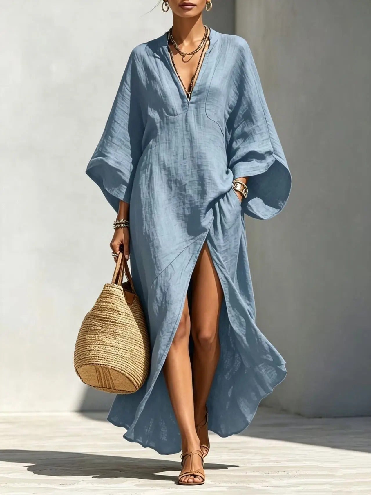 Delphine | Haljina Kaftan od Lanenog Materijala s V Izrezom i Bočnim Raskorakom